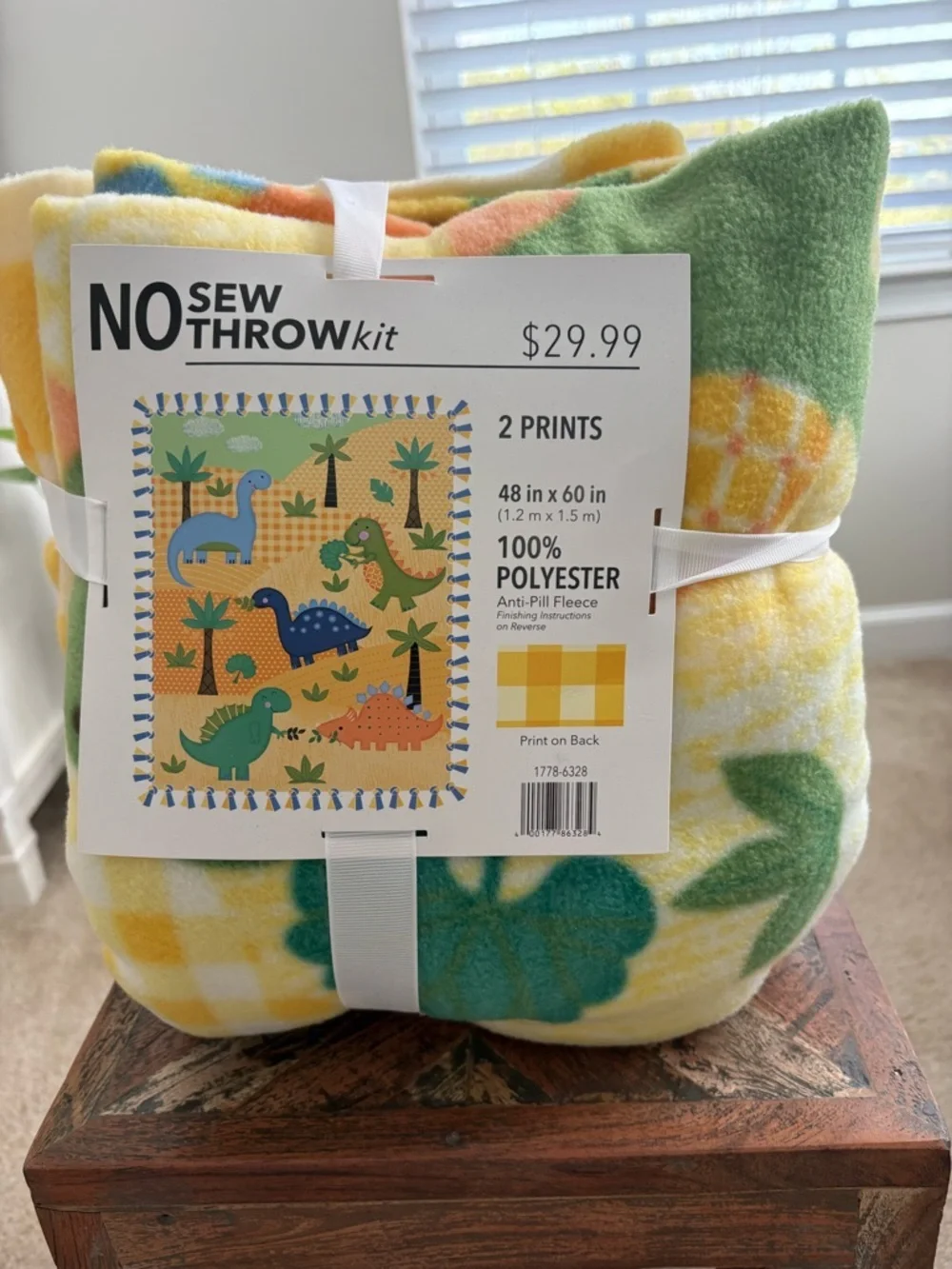 Jas, LLC Anti-Pill Fleece Dinosaur & Yellow Check No Sew Throw Kit
